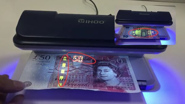 El Tihoo T0020 inspecciona con precisión un billete de 50 euros, mostrando detalles de seguridad en frente y dorso.